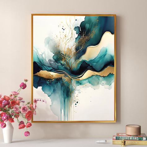 Dynamic Shapes, Modern Framed Art, Modern Wall Art Canvas, Gold Picture Frames, Teal And Gold, Art Abstrait, Art Moderne, Framed Canvas Art, Abstract Expressionism