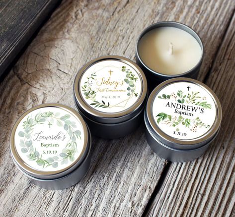 25 - Baptism Candle Favor, 2oz Tins with Custom Labels, Baptism Gift, First Communion, Personalized Baptism Favor, Greenerly Baptism Giveaways Ideas, Trending Candles, Baptism Favors For Boys, Christening Giveaways, Confirmation Favors, Baptism Candle Favors, Catholic Confirmation, Candle Favor, Homemade Wedding Favors