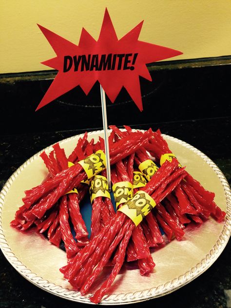 Dynamite Birthday Party, Chocolate Dipped Twizzlers, Crochet Dynamite Sticks, Diy Twizzlers, Homemade Twizzlers Healthy, Classmates Gifts, Cute Birthday Gift, Superhero Birthday Party, Superhero Birthday