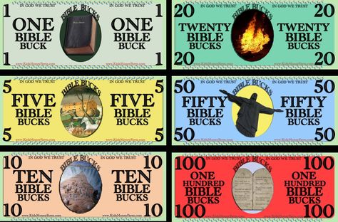 Bible Bucks Play Money Template - KidsMoneyFarm.com Bible Bucks, Play Money Template, Printable Play Money, Kids Church Activities, Walk Ideas, About Bible, Children Ministry, Money Template, Children's Church Crafts