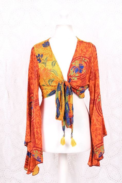 70s Tops Women, Vintage Tops For Women, 70s Fashion Vintage, Tiger Orange, 70s Tops, Wrap Around Top, Hippie Tops, Vintage Sari, Handmade Beauty Products