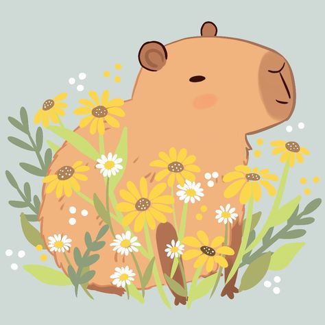 Cute capybara with yellow and white daisy flowers illustration Animals With Flowers Drawing, Capybara Dibujo, Cute Capybara Drawing, Capybara Illustration, Capybara Drawing, Dog Beanie, Cute Capybara, Flowers Illustration, Drawing Wallpaper