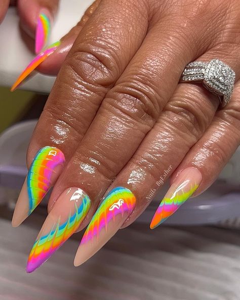 Neon Pride Nails, Neon Summer Nails 2023, Tie Dye Nails Acrylic, Pride Nails Acrylic, Neon Rainbow Nails, Tie Dye Nail Art, Rainbow Nail Art Designs, Carnival Nails, Nail Journey