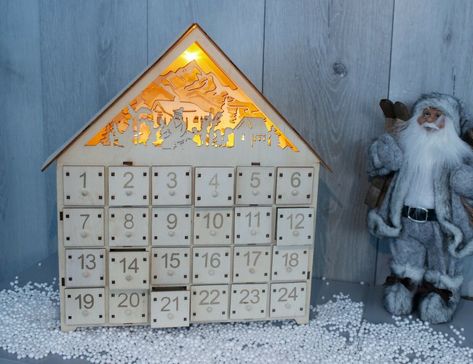 Fun Advent Calendar, Nordic Village, Wood Advent Calendar, Christmas Nordic, Advent Calendar Kit, Cool Advent Calendars, Wooden Advent Calendar, Santa And His Reindeer, Warm White Led Lights