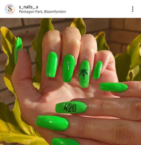 4 20 Nails, Pot Leaf Nails, Fun Green Nails, Builder Nails, Teen Nails, Green Acrylic Nails, Purple Acrylic Nails, Punk Nails, Edgy Nails