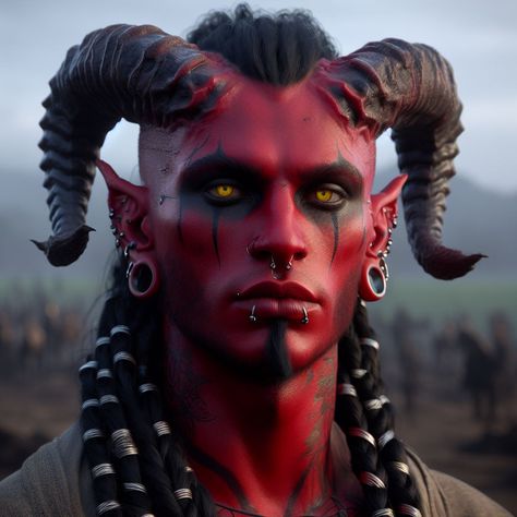 Demon Art Male, Tiefling Male, Horned Demon, Red Dragons, Evil Tattoos, Art Male, Character Pictures, Dragon King, Fantasy Races