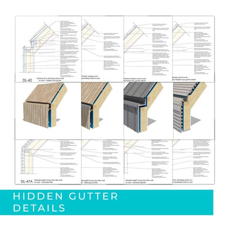 https://detail-library.co.uk/product/hidden-gutter-detail-pack/ Zinc Cladding Detail, Zinc Roof Detail, Hidden Gutter Detail, Clt Detail, Roof Detail Architecture, Box Gutter, Construction Details Architecture, Roof Cladding, Zinc Roof