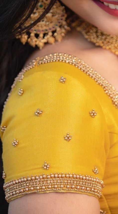 Mustard Yellow Aari Work Blouse, Simple Aari Puttas, Arri Blouse Designs Latest, Puttas Blouse, Arri Work Blouse Designs Simple, Yellow Blouse Aari Work Designs, Simple Arri Work Design, Aari Simple Designs, Simple Design Aari Work Blouse