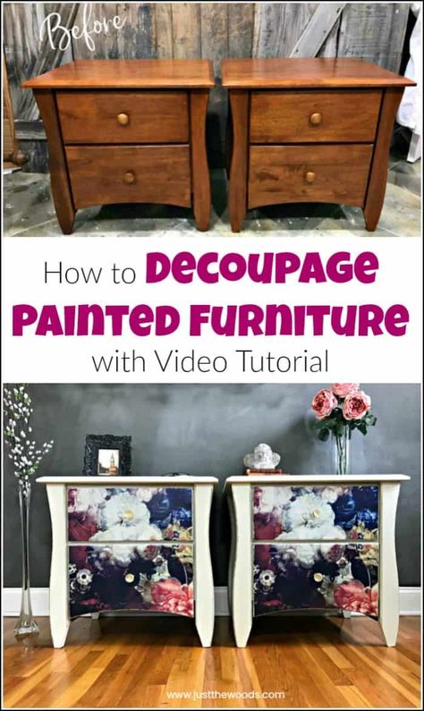 See how to add tissue to painted furniture with this decoupage furniture tutorial with video. Using mod podge glue and decoupage paper anything is possible. #decoupagefurniture #howtodecoupage #howtodecoupagefurniture #paintedfurniture #paintedfurnituredecoupage #howtopaintfurniture #modpodge Furniture Decoupage, Muebles Shabby Chic, Decoupage Diy, Decoupage Furniture, Furniture Renovation, Refurbished Furniture, Furniture Restoration, Furniture Makeover Diy, Recycled Furniture