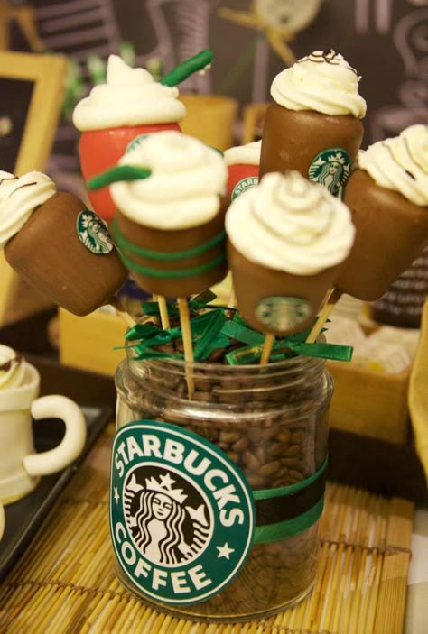 But Starbucks coffee First | CatchMyParty.com Starbucks Birthday Party Ideas, Coffee Themed Party, Starbucks Cupcakes, Starbucks Birthday Party, Starbucks Party, Coffee Fonts, Starbucks Birthday, Blackberry Smoothie, Coffee Meme