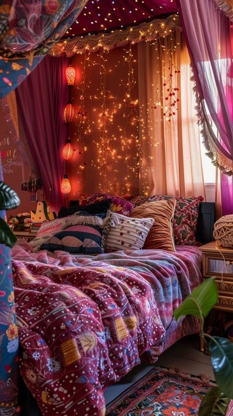 Boho Bedroom Lights, Bedroom Inspo Maximalist, Artsy Room Ideas, Maxamilist Bedroom Aesthetic, Bedroom Ideas Maximalist, Maxamilist Bedroom, Room Inspo Maximalist, Artsy Dorm Room, Maximalist Decor Bedroom