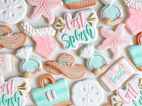 Ashley on Instagram: “This last splash bachelorette set called for all the beach vibes! With full creative control, I opted for a bright, pretty color palette…” Last Splash Bachelorette Party Cookies, Bachelorette Party Cookies Beach, Beach Bachelorette Cookies Decorated, Bachelorette Themed Cookies, Last Splash Cookies, Beach Bachelorette Cookies, Bachelorette Party Cookies Decorated, Last Toast On The Coast Cookies, Beach Themed Bachelorette Party Ideas