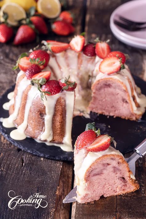 Strawberry Lemon Bundt Cake - Home Cooking Adventure Strawberry Lemon Bundt Cake Recipes, Fresh Strawberry Bundt Cake, Summer Bundt Cake Recipes, Strawberry Lemon Bundt Cake, Strawberry Bundt Cake, Shortcake Recipes, Anniversary Dessert, Easy Strawberry Desserts, Strawberry Cake Easy