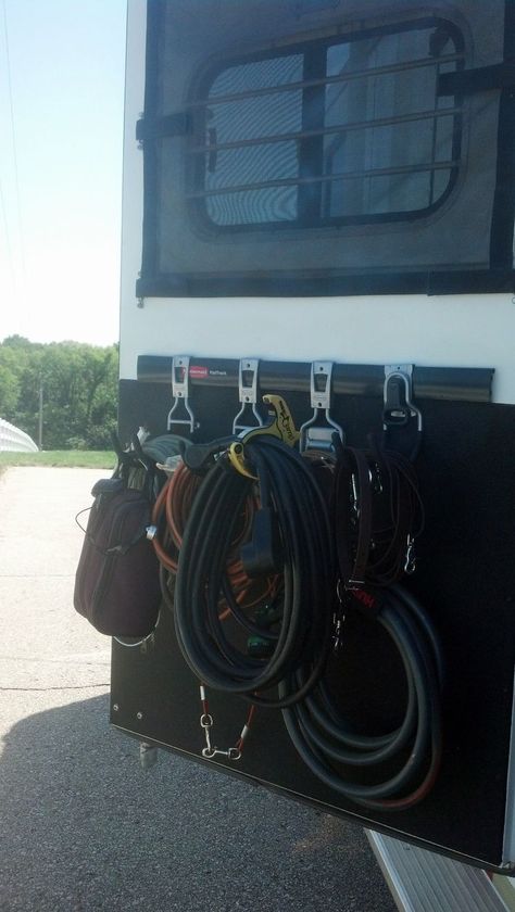 Horse Trailer Door Organizer, Living Quarters Horse Trailer Hacks, Horse Trailer Storage Ideas, Horse Trailer Hacks, Rubbermaid Fast Track, Horse Storage, Horse Trailer Organization, Tack Storage, Barn Organization