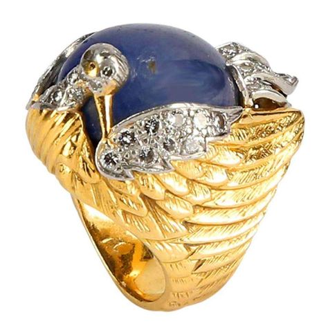 Fabulous Sapphire Diamond Gold Phoenix Dress Ring Phoenix Ring, Phoenix Dress, Statement Rings Diamond, Vintage Cocktail Ring, Gold Statement Ring, Gold Cocktail Ring, Sapphire Diamond Ring, Moissanite Wedding Bands, Dress Rings