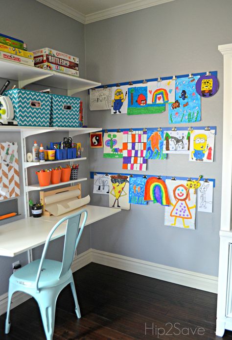 Display Kids Art at Home Playroom Art Display Wall, Displaying Kids Artwork Diy, Kids Art Area, Artwork Display Wall, Artwork At Home, Displaying Childrens Artwork, Kids Nook, Kids Art Space, Art Display Wall