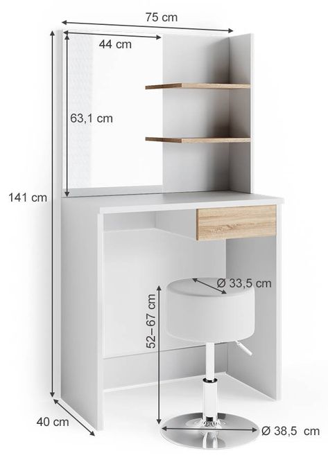 Der Schminktisch mit Hocker und Dekos ist der perfekte Ort, um sich in Ruhe für den Tag vorzubereiten. Dieses Schminktischmodell im skandinavischen Stil hat nicht nur ein elegantes Design, sondern auch praktische Eigenschaften, wie zwei offene Fächer und eine geräumige Schublade für ausreichenden Stauraum. Der rechteckige Spiegel ist perfekt zum Auftragen von Make-Up oder dem Frisieren der Haare. Das Modell ist in verschiedenen Ausführungen erhältlich, sodass jeder seinen eigenen Stil auswählen Make Up, Led, Design