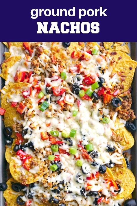 Ground Pork Nachos loaded with mozzarella cheese, olives, red peppers and spring onions, a fantastic party food recipe to feed a crowd. These nachos are not only insanely delicious, but healthy too. Bake in the oven for 5-10 minutes so that the cheese can melt nicely, and you get the best Game Day food. Great for any other celebration too! The ground pork is cooked with garlic and tomatoes, and it goes perfectly well with the tortilla chips. Ground Pork Dip Recipes, Ground Pork Nachos, Pork In A Can Recipes, Pork Nachos Recipe, Nachos Loaded, Slow Cooker Recipes Pork, Homemade Nachos, Ground Pork Recipes, Pork Nachos