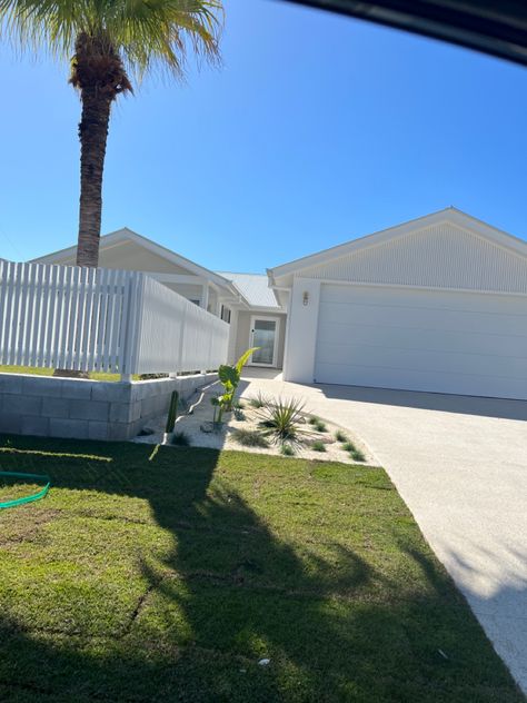 Rendered Front Fence, Granite Driveway, Rendered Brick, Coastal Facade, House Render, Street Appeal, Modern Coastal Home, Coastal Architecture, Front Facade