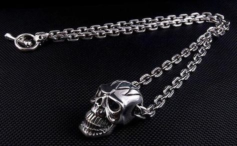 silver skull chain necklace Punk Skull Shaped Stainless Steel Necklace, Silver Skull Chain Necklace, Silver Punk Skull Necklace, Punk Skull Necklace With Chain, Biker Chain, Nickel-free Stainless Steel Skull Necklace, Big Head, Silver Chain For Men, Biker Jewelry