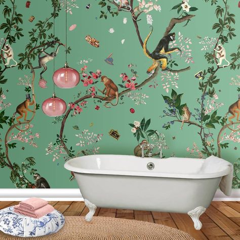 Green Maximalism, Floral Chinoiserie, Colorful Bedroom Design, Small Bathroom Wallpaper, Small Downstairs Toilet, Ideas For Flowers, Monkey World, Wallpapers Ideas, Georgian Interiors