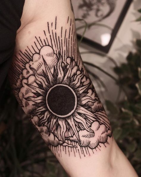 Black Hole Sun Tattoo, Sun Knee Tattoo, Elbow Ditch Tattoo, Rip Tattoos For Mom, Feminine Skull Tattoos, Mandala Hand Tattoos, Woodcut Tattoo, Feminine Tattoo Sleeves, Cloud Tattoo