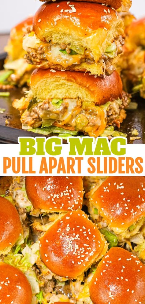 Hawaiian Roll Sliders Big Mac, Big Mac Sloppy Joe Sliders, Sliders With Beef, Sliders Recipes Hawaiian Rolls Ground Beef, Big Mac Sliders With Thousand Island, Hawaiian Roll Ground Beef Sliders, Cheese Burger Hawaiian Roll Sliders, Big Mac Cheeseburger Sliders, Copycat Big Mac Sliders