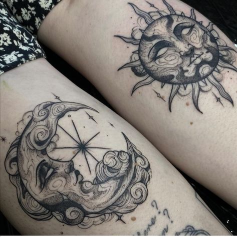 Thigh Witchy Tattoos Women, Celestial Knee Tattoo, Knee Moon Tattoo, Ethereal Tattoos Thigh, Knees Tattoos Women, Dream Tattoos For Women, Chest Tattoo Female Underboob, Spooky Moon Tattoo, Tattoo Prices Chart