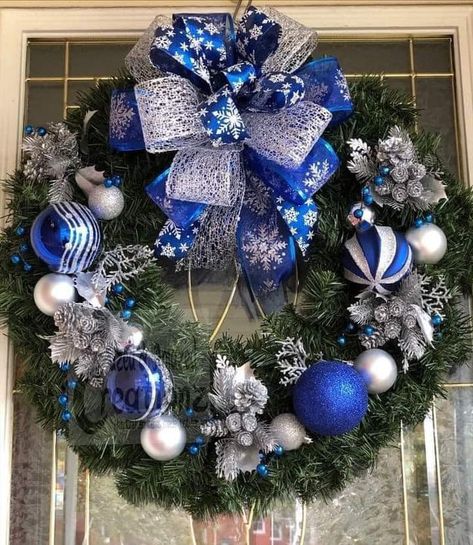 Blue Silver Christmas, Blue And Silver Christmas, Holiday Door Wreaths, Blue Christmas Tree Decorations, Blue And White Christmas, Silver Door, Blue Christmas Decor, Blue Christmas Tree, Christmas Blue