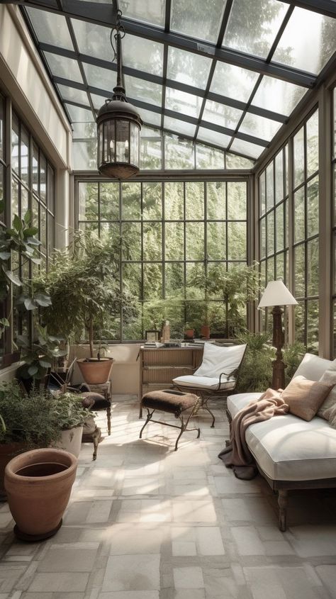 Modern Sunroom, Patio Design Ideas, Greenhouse Interiors, Sunroom Designs, Home Greenhouse, Casa Country, Patio Inspiration, House Extension Design, Glass Room