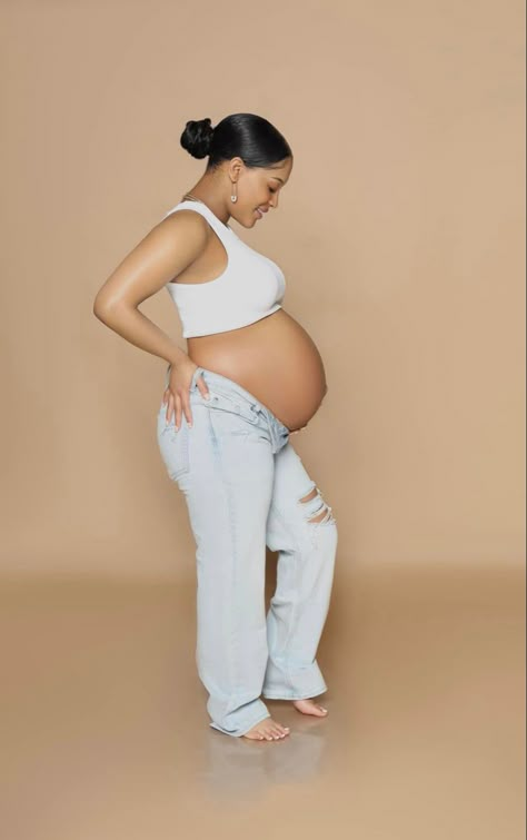 Jcpenney Maternity Pictures, White Tee And Jeans Maternity Shoot, Pregnancy Announcement Studio Shoot, Maternity Pictures Denim, Maternity Pictures With Jeans, Jeans And White Shirt Maternity Shoot, Denim And White Maternity Shoot, Jean Maternity Shoot Couple, Maternity Photography Jeans Outfit