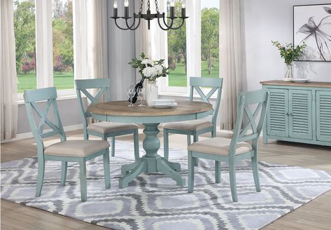 Lifestyle Harbor Bay Blue Round Dining Table With Four X-back Chairs Round Dining Table Sets, Set Meja Makan, Crossback Chairs, Wooden Chairs, Kitchen Dining Sets, Table Ronde, Blue Cushions, Patio Dining Set, Dining Room Sets