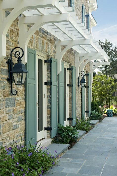 Curb Appeal Wish List - The Inspired Room Small Pergola, Diy Shutters, Stone Facade, Pintura Exterior, Exterior Paint Colors For House, Shutters Exterior, Pergola Plans, Exterior Stone, Pergola Patio