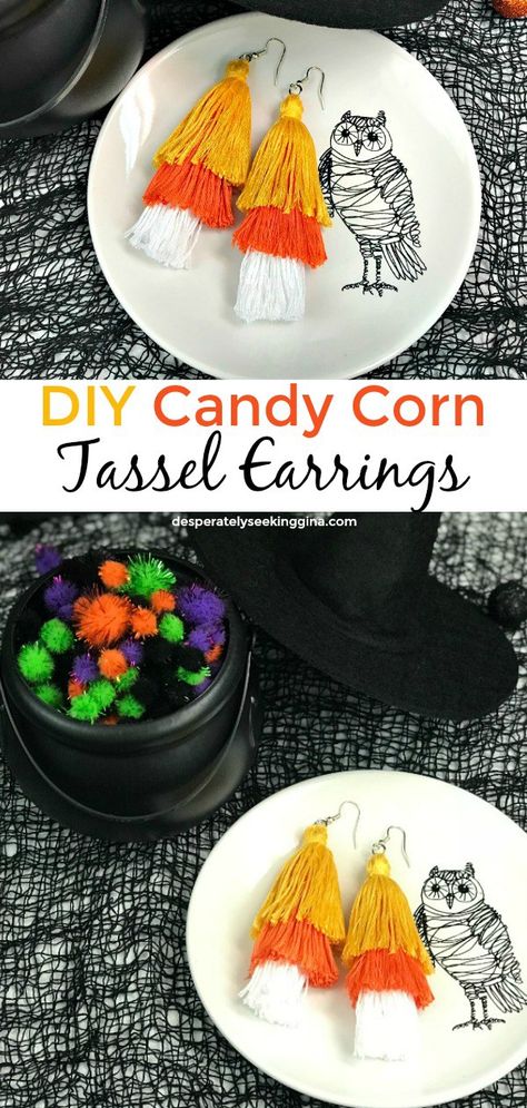 DIY Candy Corn Tassel Earrings for those times you want to dress up for Halloween but not in costume. Get into the holiday spirit with these fun Halloween earrings. #halloween #tasselearrings Diy Candy Jewelry, Diy Candy Corn Costume, Cute Halloween Earrings, Thanksgiving Earrings Diy, Diy Fall Earrings, Fall Jewelry Diy, Diy Halloween Earrings, Hailey's Comet, Halloween Diy Jewelry