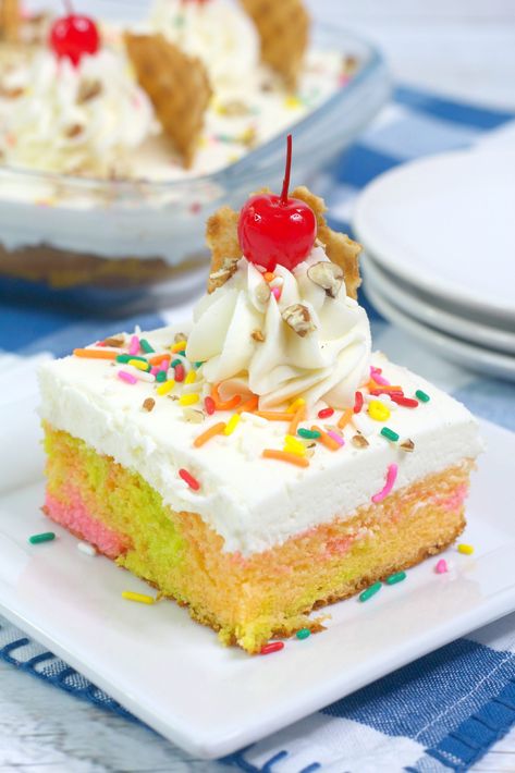 Fruit Sherbet Sheet Cake is brightly colored, fruity delicious moist cake that will be a hit at any gathering.  This cake will wow all your friends. Sherbet Cake, Fruit Sherbet, Fruity Cake, Orange Food Coloring, Moist Cake, Pink Food Coloring, Waffle Cones, Green Food Coloring, 9x13 Baking Dish