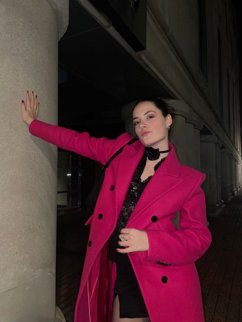 Hot Pink Coat Outfit, Hot Pink Trench Coat Outfit, Shocking Pink Coat, Magenta Coat, Hot Pink Coat, Hot Pink Winter Coat Long, Hot Pink Leather Trench Coat, Pink Single Breasted Long Coat, Pink Coat Outfit