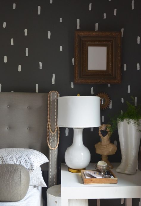 Paint little dashes on the wall for an instant, cheap, imperfect pattern. Dash Wall Paint, Paint Dashes On Wall, Splatter Paint Walls Bedroom, Splatter Paint Accent Wall, Paint Diamond Pattern On Wall, White Wall With Black Brush Strokes, Round Ceiling Light, Faux Brick Walls, Chevron Wall