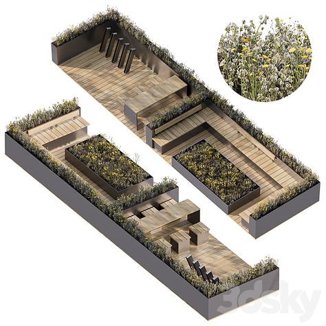 The parquet model with bicycle parking includes an equipped recreation area with a table and mobile benches, as well as equipped benches around the perimeter near a flower bed. Plants around the perimeter of the parklet serve as a hedge. Overall dimensions of the parking lot (recreation area): 18300 mm x 4800 mm Height of the parquet without plants: 1630 mm, with plants 2211 mm Parklet Design, Parking Lot Design, Urban Farming Architecture, Bicycle Park, Bike Parking Design, Public Park Design, Parks Architecture, Bed Plants, Flower Bed Plants