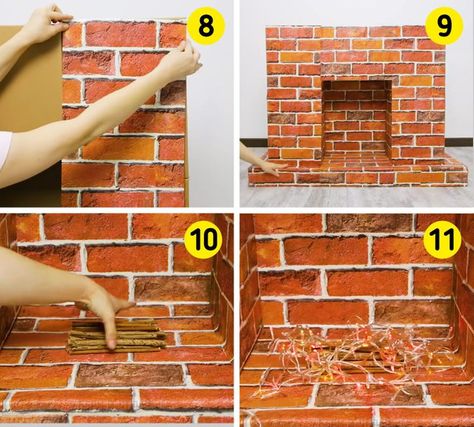 How to Make a Decorative Fireplace From Boxes Diy Fireplace Out Of Boxes, Faux Fireplace Diy Cardboard Christmas, How To Make Fireplace, Faux Fireplace Diy Cardboard, Fake Fireplace Diy, Fireplace Box, Cardboard Box Diy, Diy Christmas Fireplace, Wallpaper Fireplace