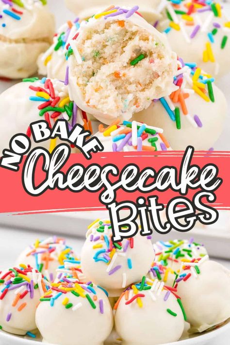 These No-Bake Cheesecake Bites are a tasty bite-sized combo of Funfetti cake mix and cream cheese that’s coated in white chocolate and topped with colorful sprinkles. A super-easy way to make cheesecake into a mini dessert treat! No Bake Cheesecake Bites, Chocolate Cheesecake Bites, Cheesecake Balls, Cake Ball Recipes, Cream Cheese Ball, Cheesecake Bites Recipe, Baking List, Cake Mix Desserts, Funfetti Cake Mix