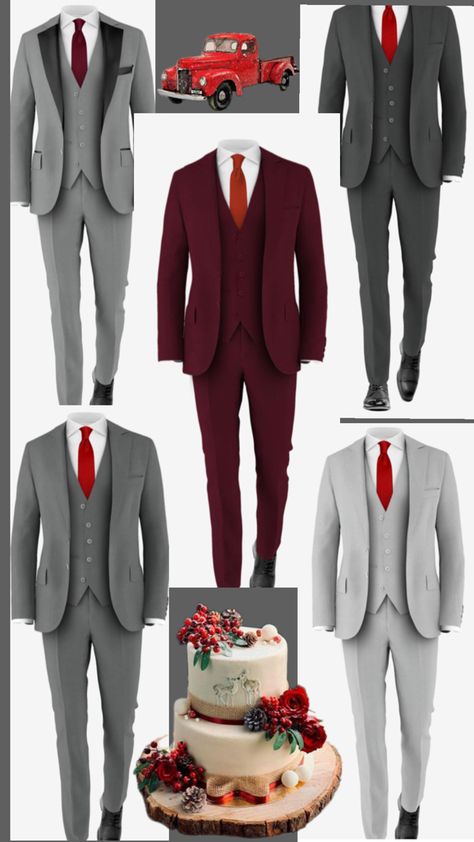 Winter wedding groom Red And Grey Wedding Theme, Red Wedding Suit, Winter Wedding Groom, Red Grey Wedding, Grey Wedding Theme, Groomsmen Outfit, Groomsmen Grey, Groomsmen Outfits, Wedding Tuxedo