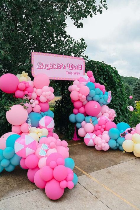 Bay Bieber Barbie Party | Kara's Party Ideas Barbie You Can Be Anything Party, Barbie Birthday Party Balloons, Barbie Party Balloons, Barbie Garden Party, Kids Barbie Party, Themed Pool Party Ideas, Barbie Kids Party, Barbie Pool Party Ideas, Barbie Beach Party