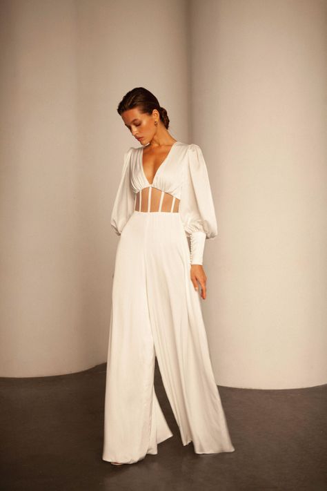 GAIA – Reev Bridal Boho Wedding Jumpsuit The Bride, White Satin Jumpsuit Wedding, Wide Leg Bridal Jumpsuit, Bridal Corset Jumpsuit, Wedding Jumpsuit Lulus, Modern Wedding Jumpsuit, Plus Size Bridal Pantsuits, Corset Top Jumpsuit, Bridal Outfit Change