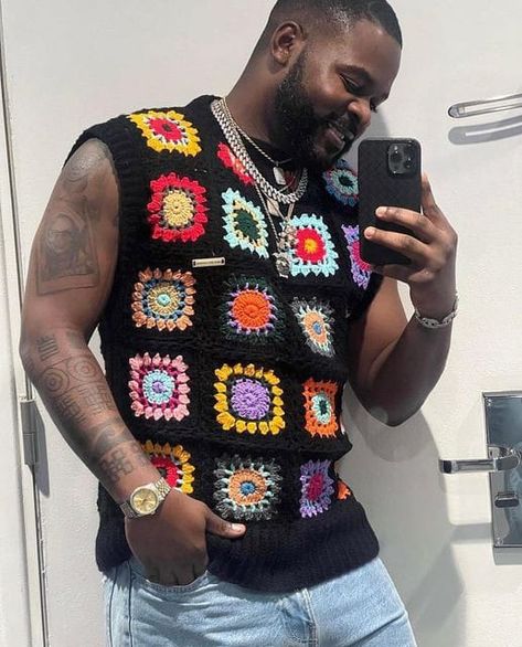 Crochet Guys Clothes, Men In Crochet, Crochet Idea For Men, Crochet Stuff For Men, Guy Crochet Gifts, Crochet Outfits For Men, Mens Crochet Vest, Crochet Vest For Men, Masc Crochet Ideas