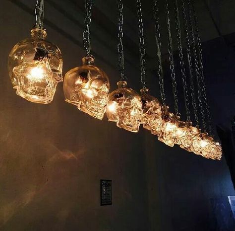 Crystal skull vodka bottles made into lights. - Sweet baby Jeebus. I'd be drunk from now until 2018 if I had to drink enough vodka to make all those lights! Skull Vodka Bottle, Crystal Skull Vodka, Crystal Head Vodka, Skull Light, Smart Tiles, Goth Home, Goth Decor, Deco Luminaire, Skull Decor