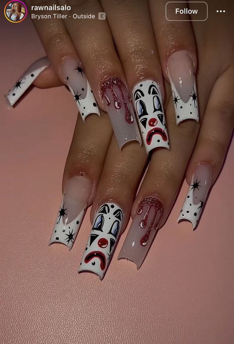 Fall Acrylic French Tips, Clown Nails Acrylic, Clown Acrylic Nails, Chicano Nails Designs, Smile Now Cry Later Nails, Clown Nails Designs, Chicana Nails Acrylic, Chola Nails Designs, Gangster Nails Designs