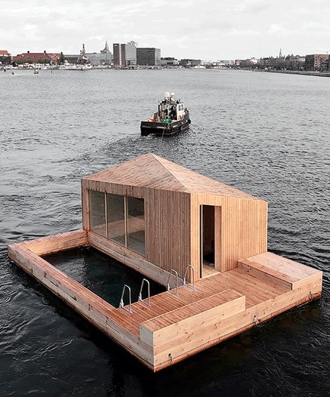 Sauna Architecture Design, Sauna Architecture, Floating Land, Boat Architecture, Floating Sauna, Mobile Sauna, Floating Raft, Bouldering Wall, Floating Homes