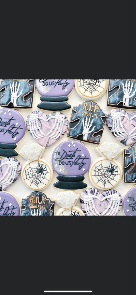 Halloween Couple Shower Ideas, Engagement Party Halloween, Bride And Brides Coven, Bachelorette Party Ideas October, Spooky Bridal Shower Cookies, Witchy Bridal Party, Halloween Themed Wedding Shower Ideas, Spooky Themed Bachelorette Party, Spooky Wedding Favors