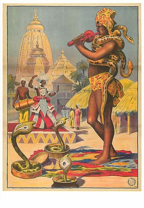 Snake Charmer India Circus Postcard Inktober Inspiration, African History Truths, Snow Painting, Vintage Circus Posters, Japanese Ink Painting, Edmund Dulac, Modern Postcard, Circus Poster, Snake Charmer