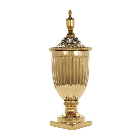 This glam style decorative urn will make a great flower vase or a decorative centerpiece when placed on table sin your living room. This item ships in 1 carton. Please note that this item is for decorative purposes only and is not food safe. Gold Urn, Flower Jar, Kitchen Storage Canisters, Gold Centerpieces, Grey Storage, Gold Living Room, Decorated Jars, Gold Ceramic, Glam Style